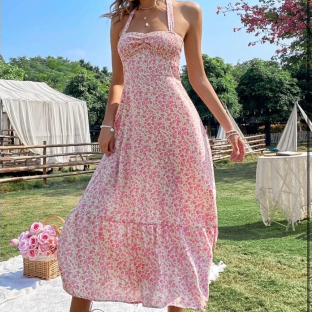 Floral Pink Halter Maxi Dress Valentine’s Day valentine 💌